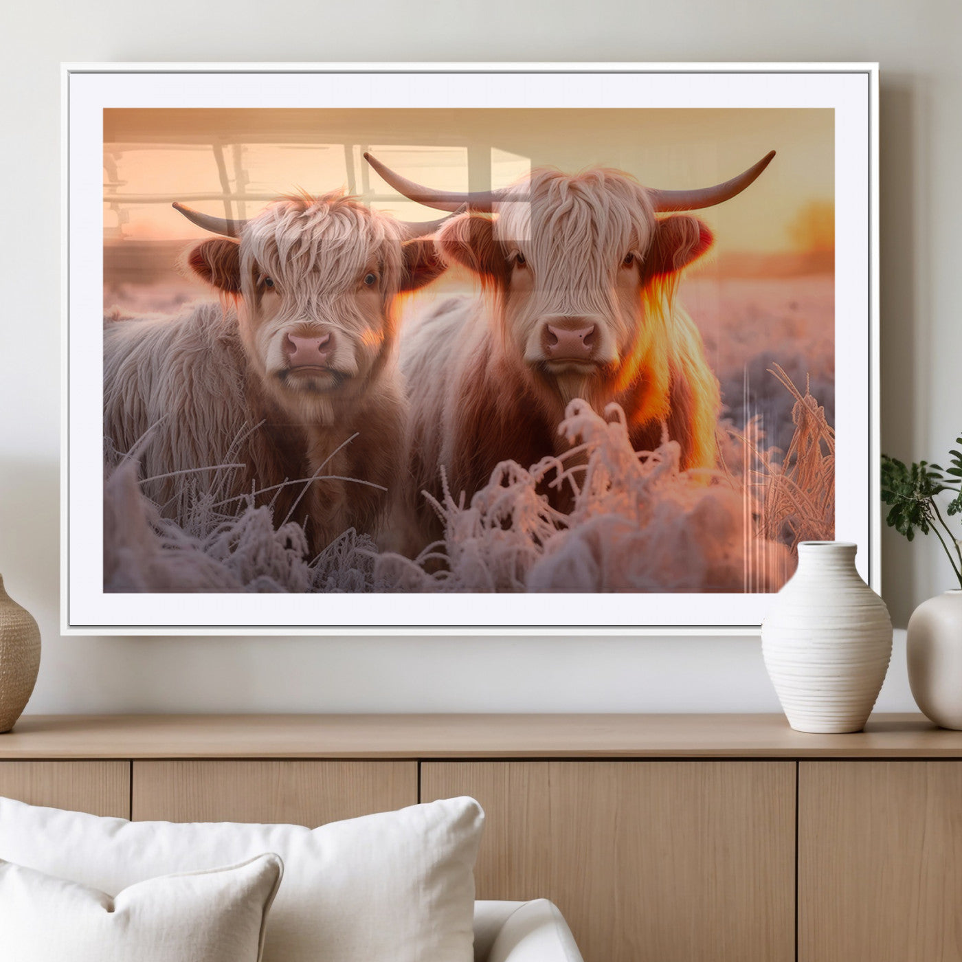 -Highland Cows at Sunrise Wall Art Canvas Set – Serene and Rustic Farmhouse Decor