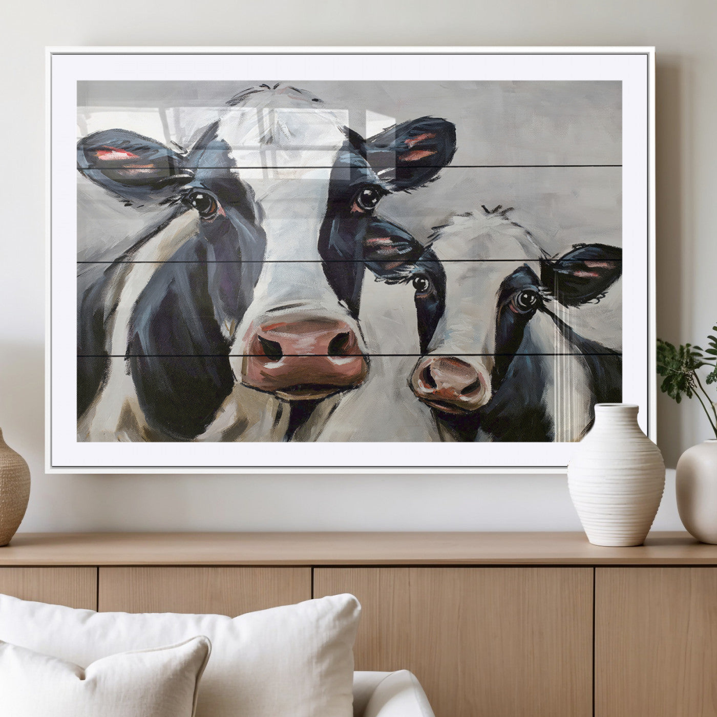 -Vintage Baby and Mom Cattle Wall Art Canvas Print
