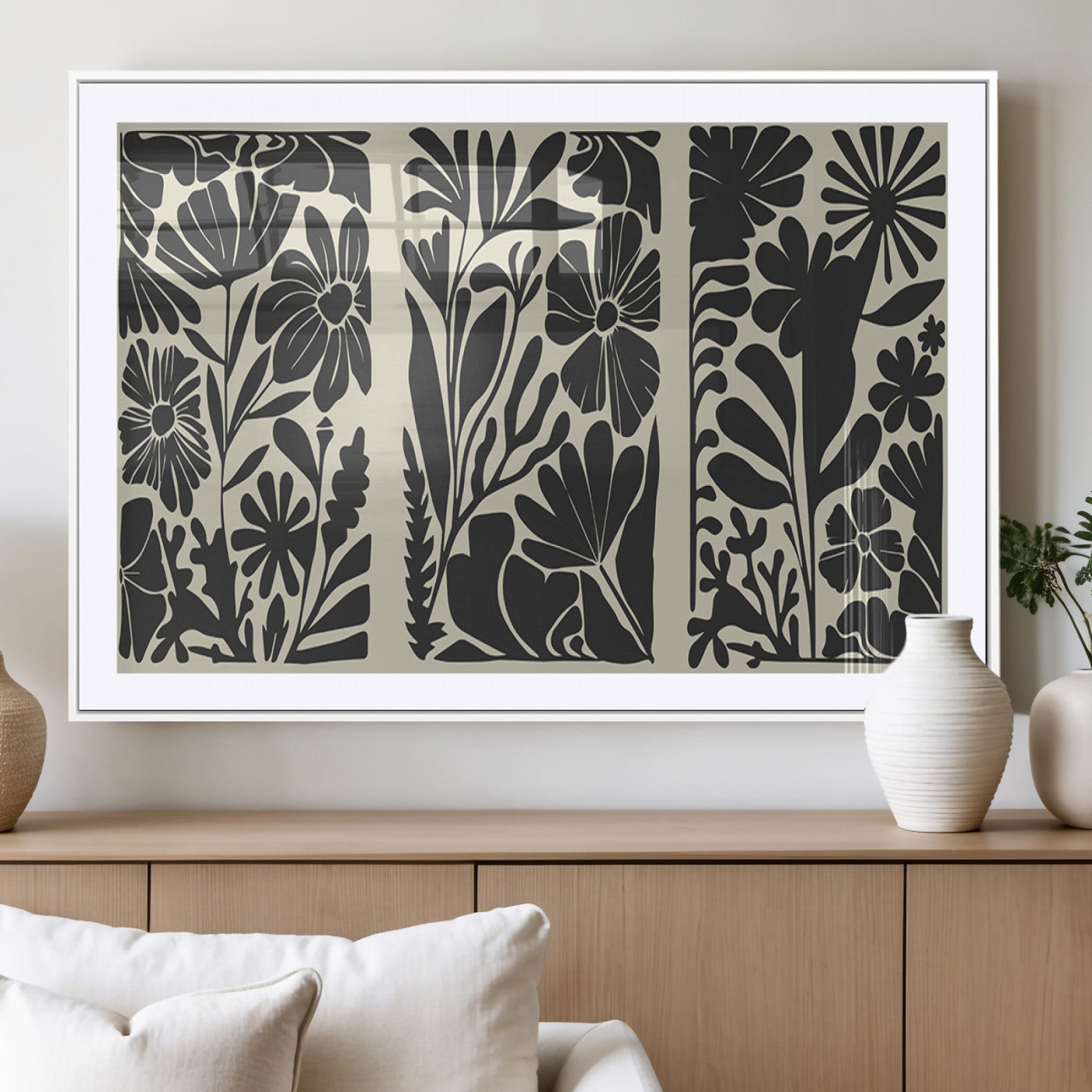MGC-FP-36x24 - Modern Botanical Wall Art - Floral Black and White Canvas Print, Framed, Ready to Hang