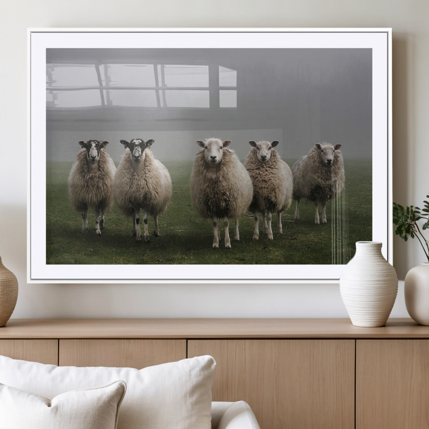 -Flock of Sheep in a Mystical Fog – Pastoral Wall Art Canvas Print, Framed, Ready to Hang