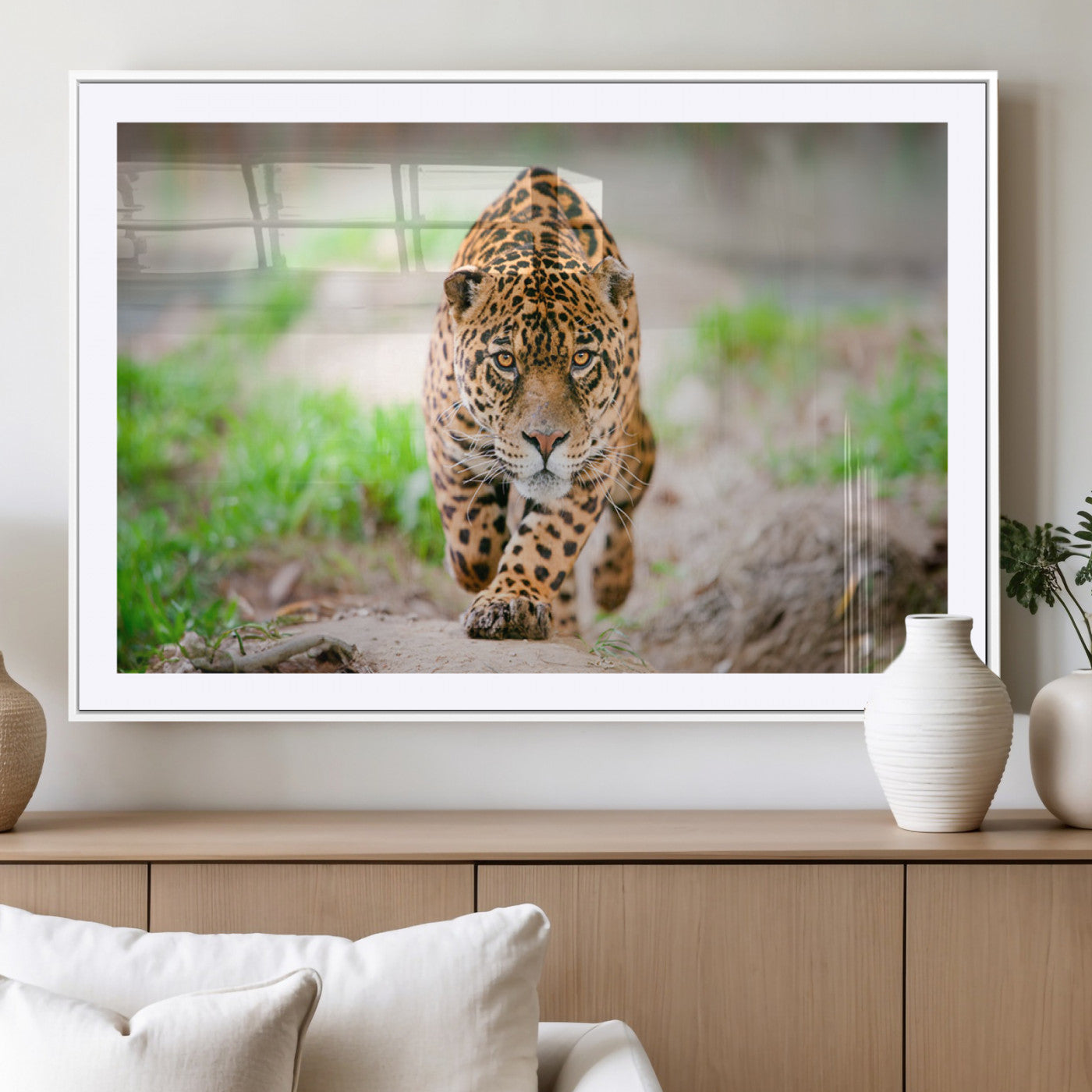 75066-MGC-FP-36x24_White-Leopard on the Prowl - Stunning Large Framed Leopard Wall Art Canvas Wall Art for Living Room,