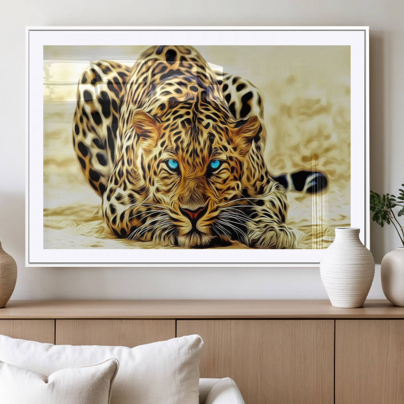 45281-MGC-FP-36x24_White-Blue-Eyed Leopard Canvas Wall Art - Framed Animal Print Ready to Hang - Fierce and Bold Decor for