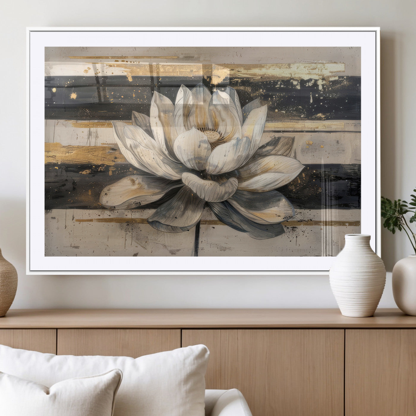 MGC-FP-36x24 - Lotus Flower Wall Art Canvas Print, Framed Abstract Lotus Art Picture Print, White Lotus Flower Perfect Abstract Floral Decor Artwork