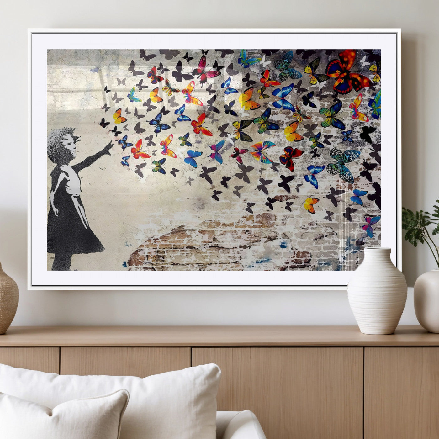 MGC-FP-36x24 - Banksy Graffiti Wall Art Canvas Print: Girl Releasing Vibrant Butterflies – Ready to Hang
