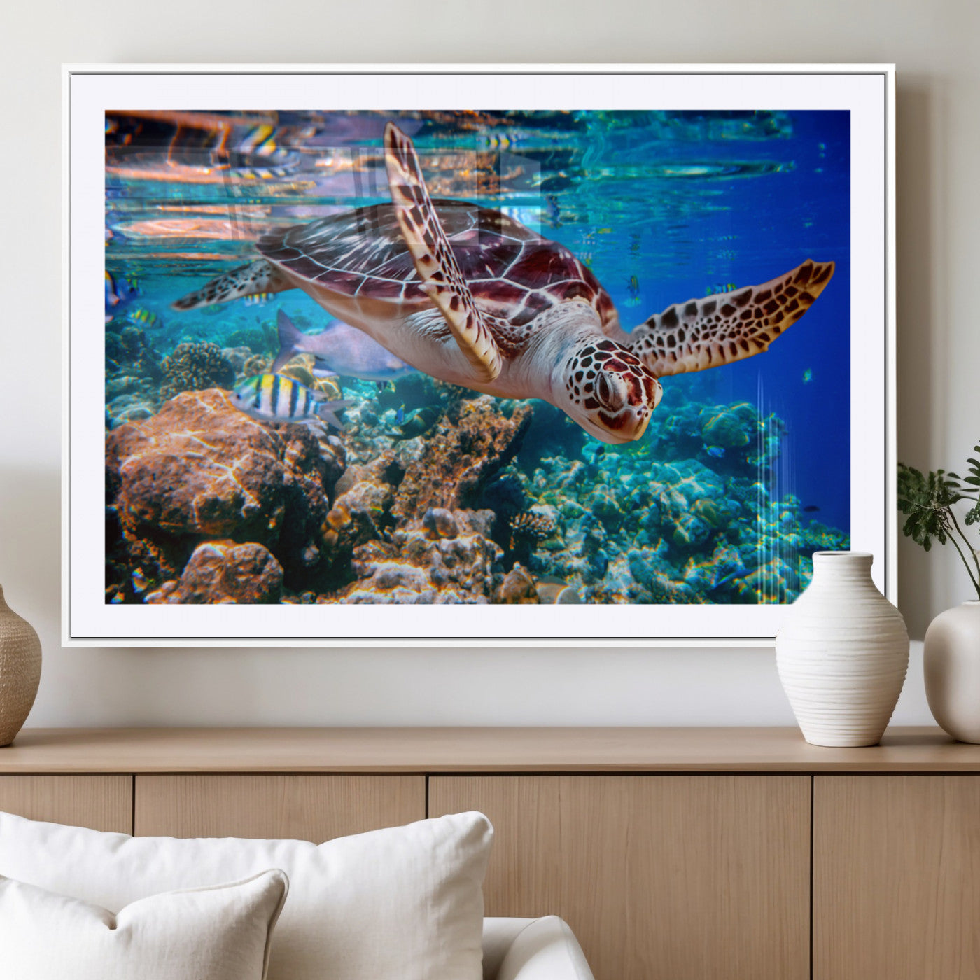 MGC-FP-36x24 - Underwater Coral Reef Sea Turtle Wall Art Canvas Print, Vibrant Marine Life | Colorful Ocean Scene