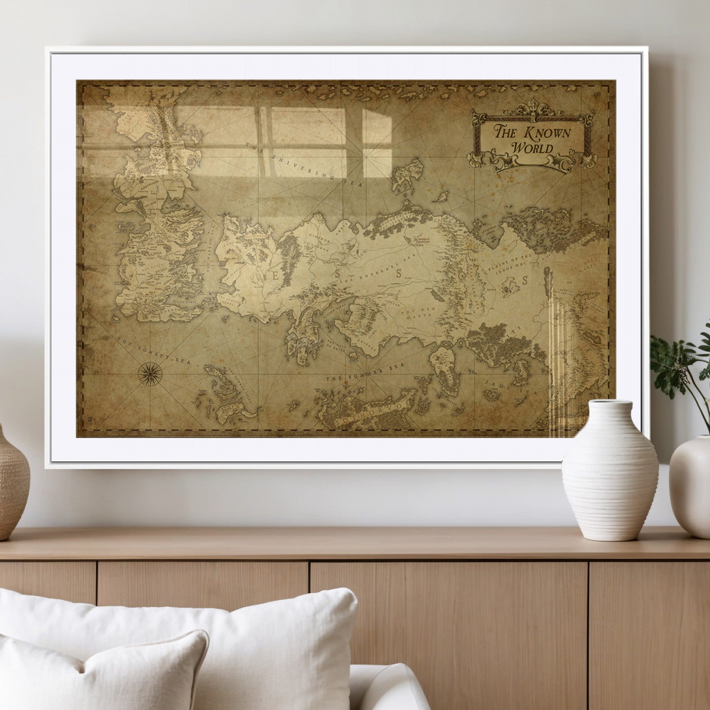 MGC-FP-36x24 - Vintage Game of Thrones Map Wall Art | Westeros and Essos Antique Style Print | The Known World in Triptych Canvas | Giclee Canvas for Fantasy Lovers