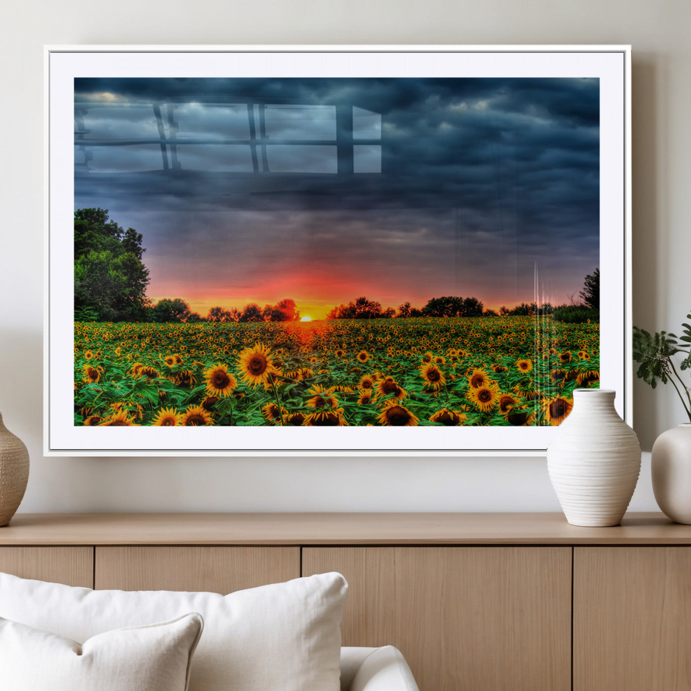 MGC-FP-36x24 - Golden Sunflower Field at Sunset – Breathtaking Sky and Vibrant Flowers, Ready to Hang Wall Art