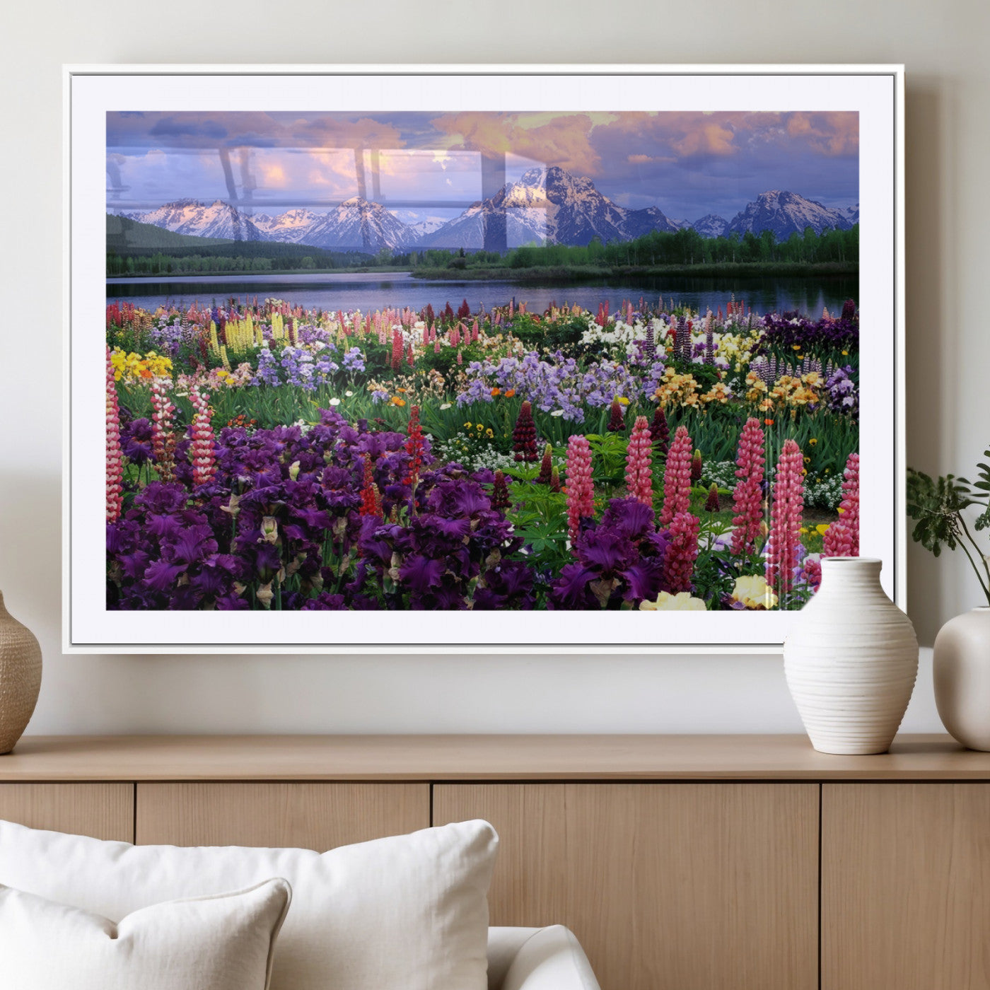 MGC-FP-36x24 - Vibrant Wildflower Garden and Mountain View Giclee Canvas Print | Floral Wall Art for Living Room