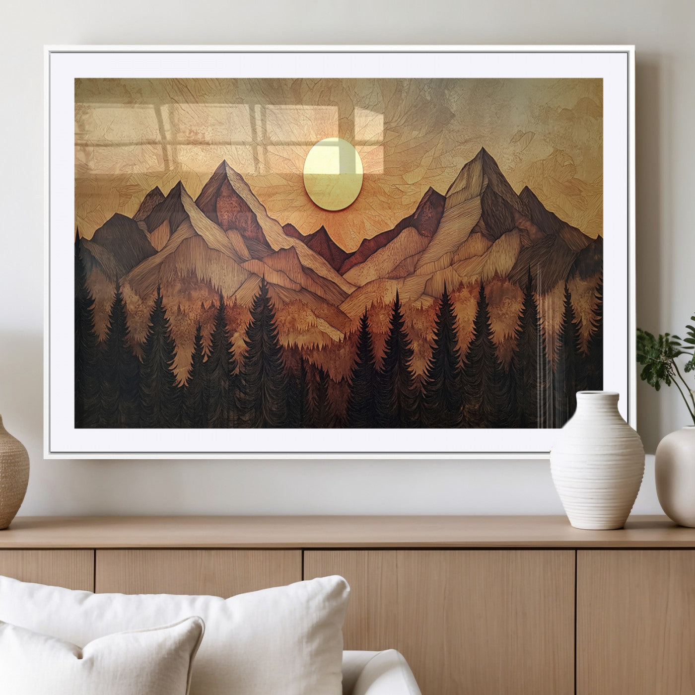 MGC-FP-36x24 - Wood Style Abstract Mountain Sunset Canvas Wall Art Print - Warm Earth Nature-Inspired Decor for
