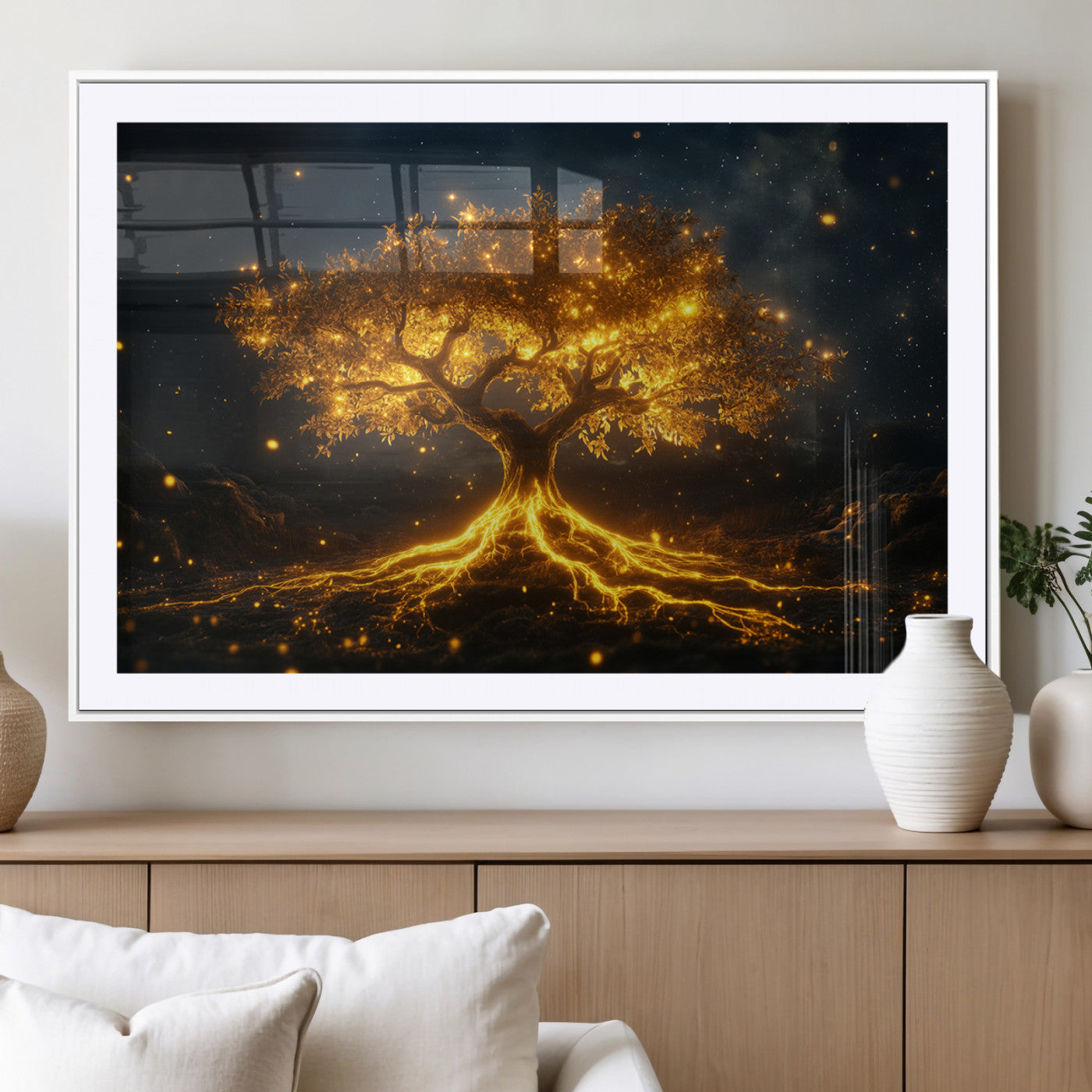 MGC-FP-36x24 - Golden Tree of Life Canvas Wall Art Print - Majestic Glowing Tree Design for Living Room, Office, or