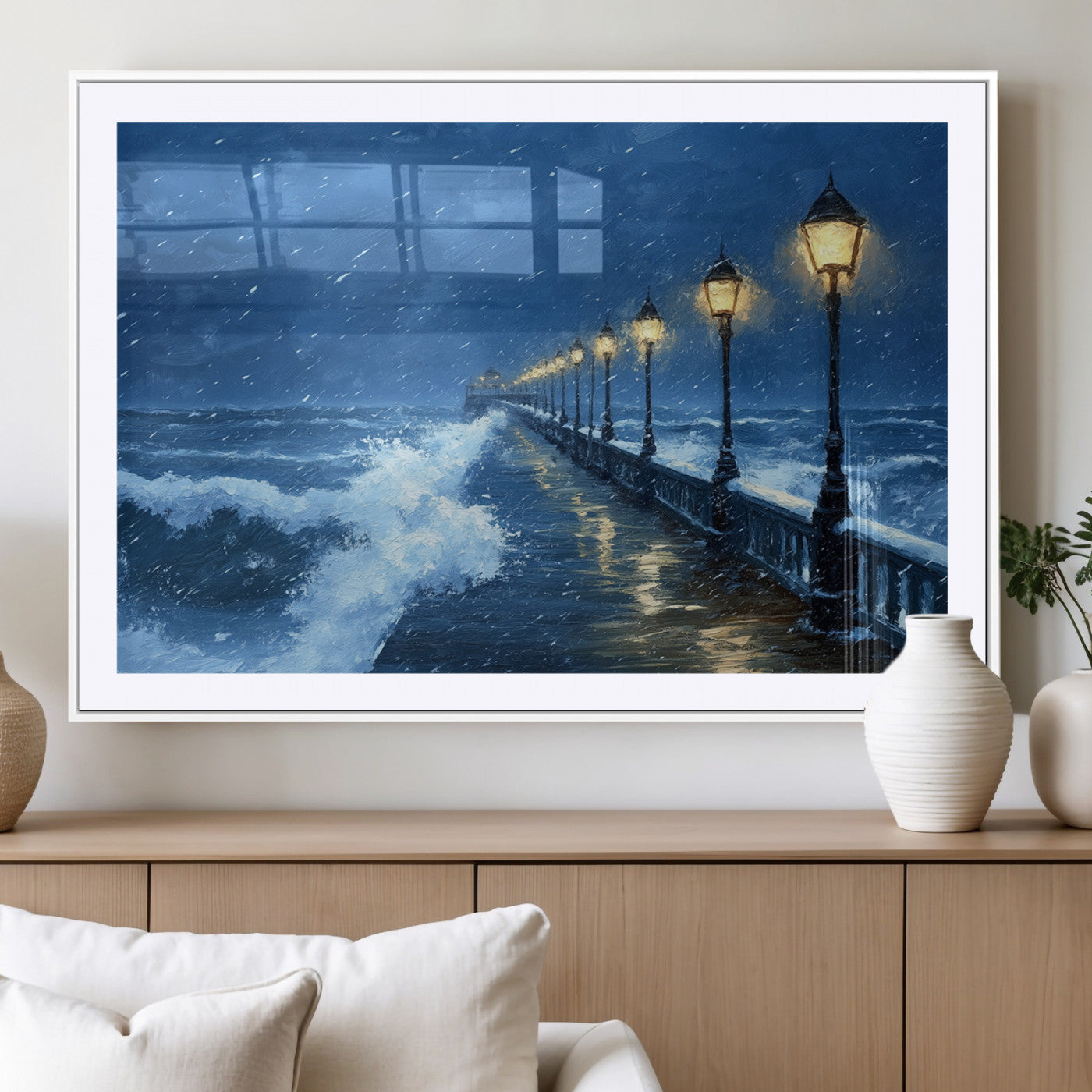 MGC-FP-36x24 - Stormy Ocean Pier Lights Canvas Wall Art Print - Large Moody Night Scene for Living Room, or Office,