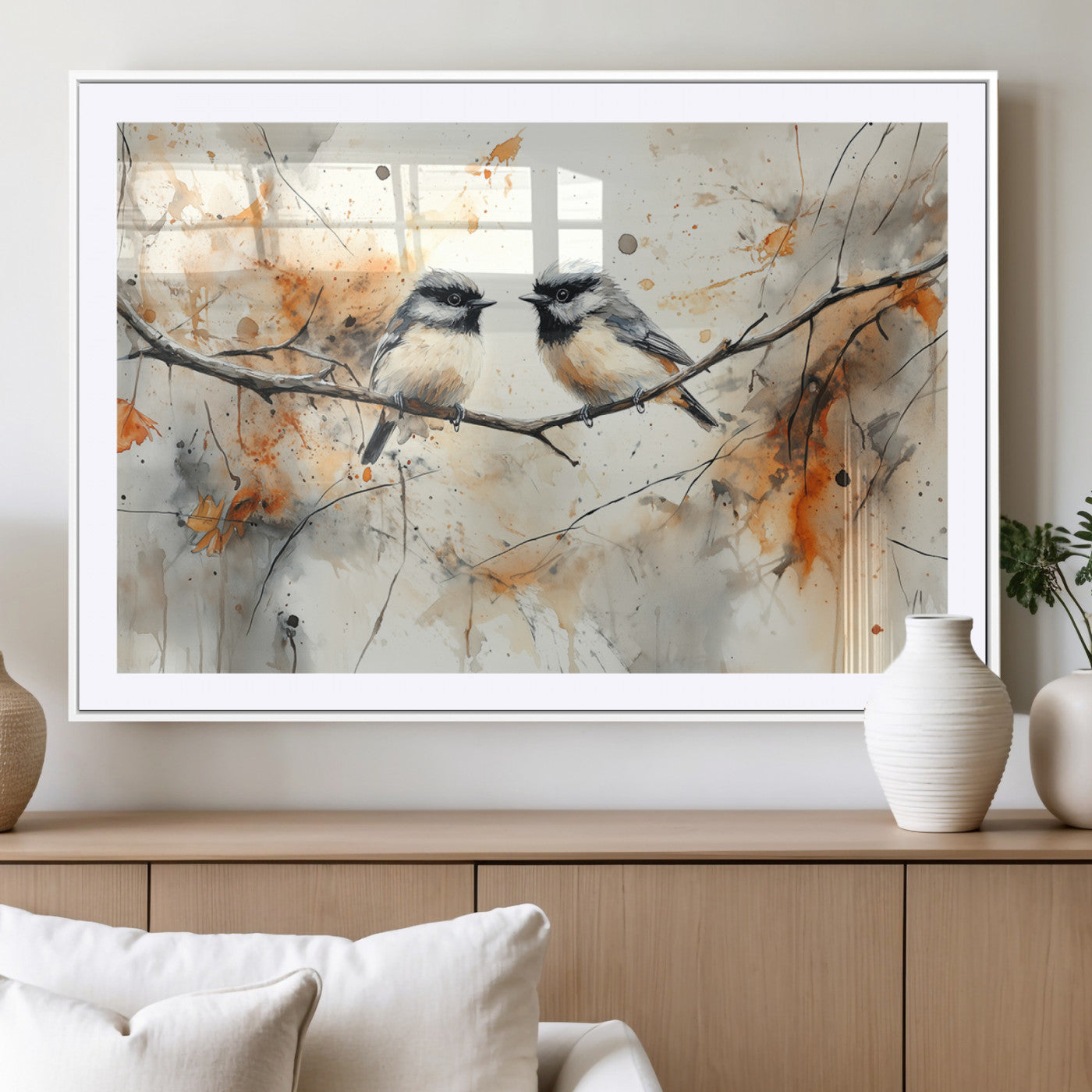 MGC-FP-36x24 - Abstract Watercolor Chickadee Bird Canvas Wall Art Print - Large Bird and Branch Wall Art, Modern
