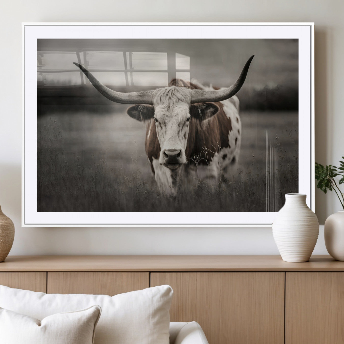 MGC-FP-36x24 - Texas Longhorn Cow Canvas Wall Art Print - Large Rustic Longhorn Art for Living Room, Western Wall