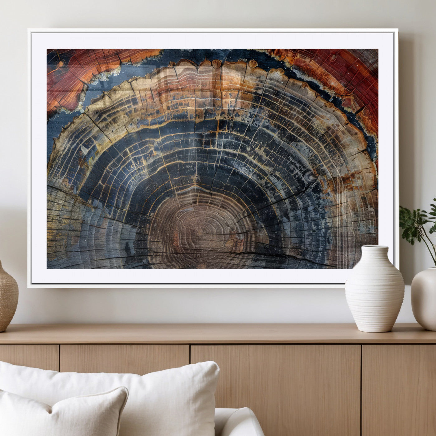 MGC-FP-36x24 - Abstract Tree Ring Wall Art, Colorful Framed Tree Ring Wall Decor, Minimalist Home Canvas Art,