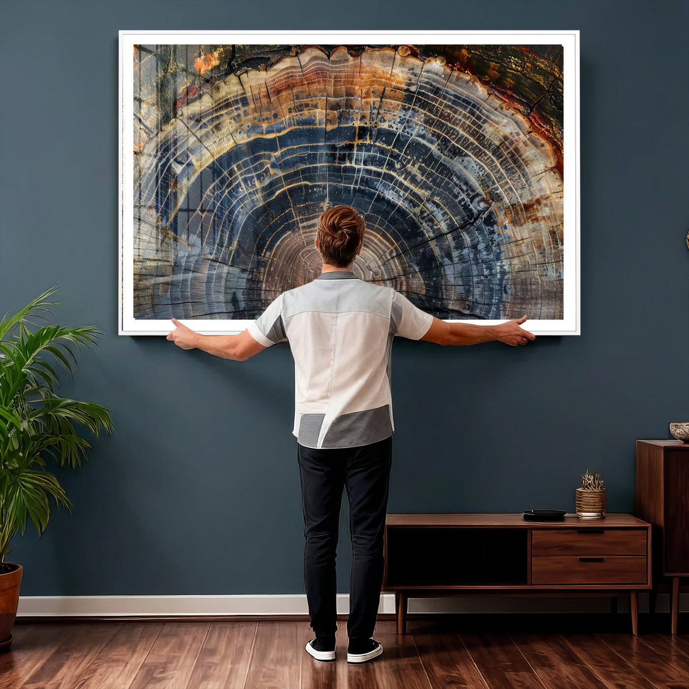 16193-MGV-CV-36X24 - Framed Wood Tree Ring Wall Art - Abstract Colorful Wood Ring Wall Decor for Minimalist Home Decor