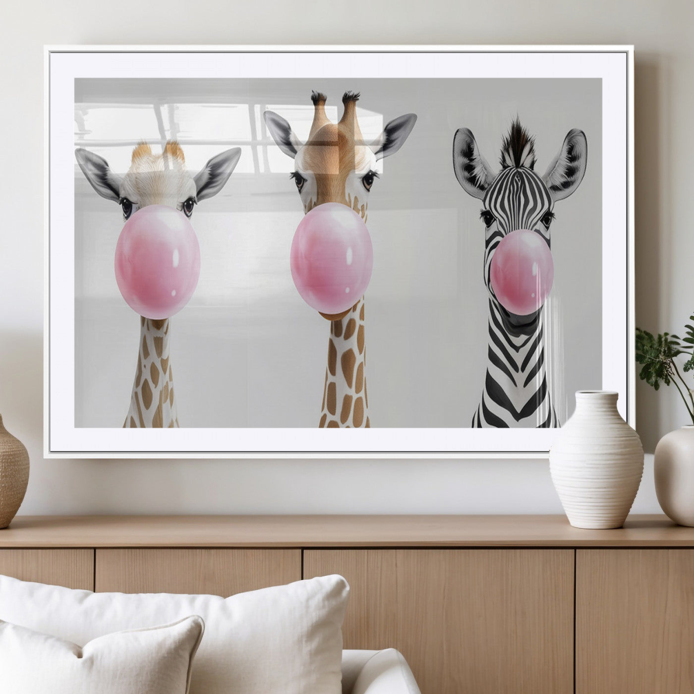 MGC-FP-36x24 - Bubblegum Animals Canvas Wall Art - Playful Giraffe and Zebra Trio, Fun Nursery Decor for Kids'