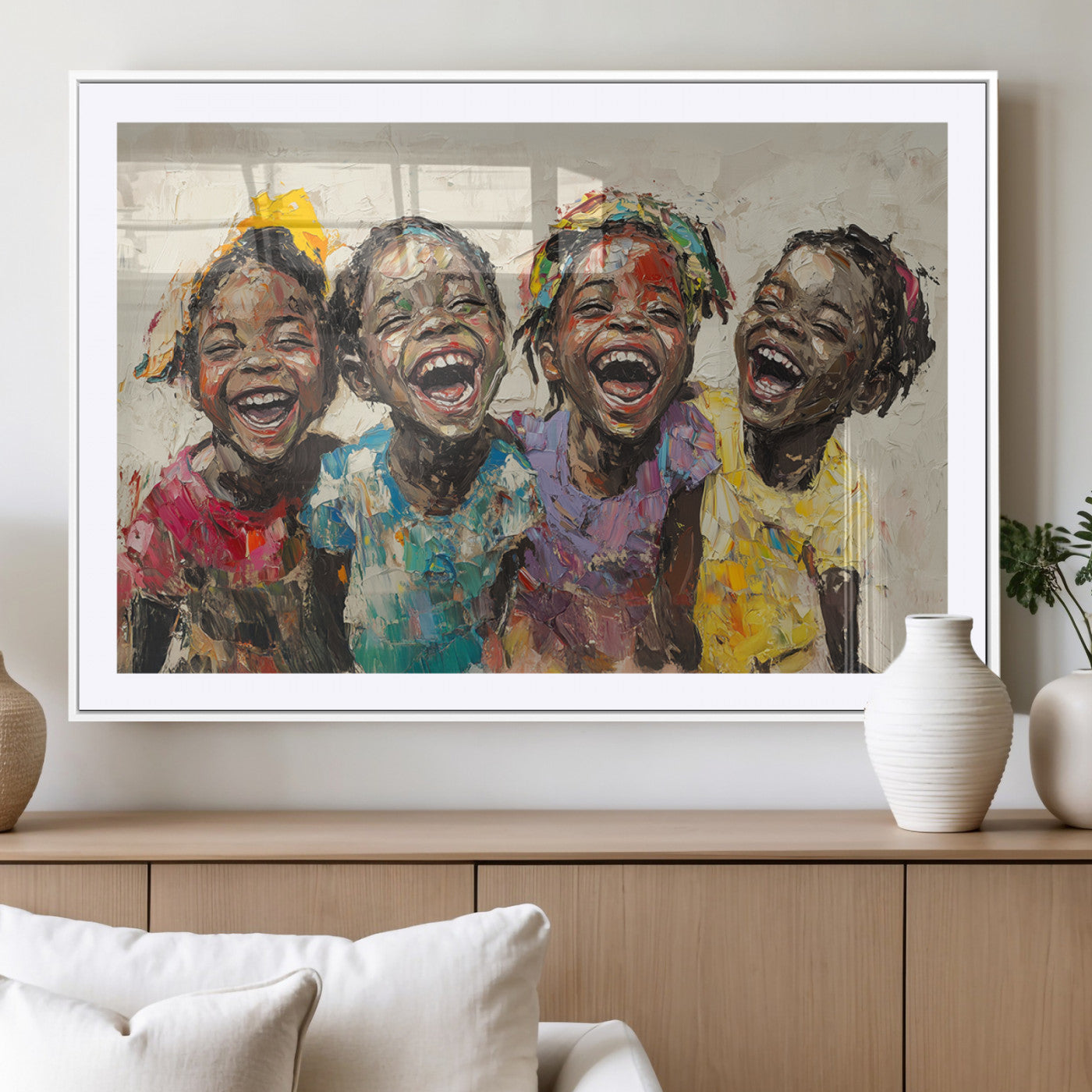 MGC-FP-36x24 - Shai Yossef style Joyful Childhood Canvas Wall Art - Expressive Impasto Painting of Black Children