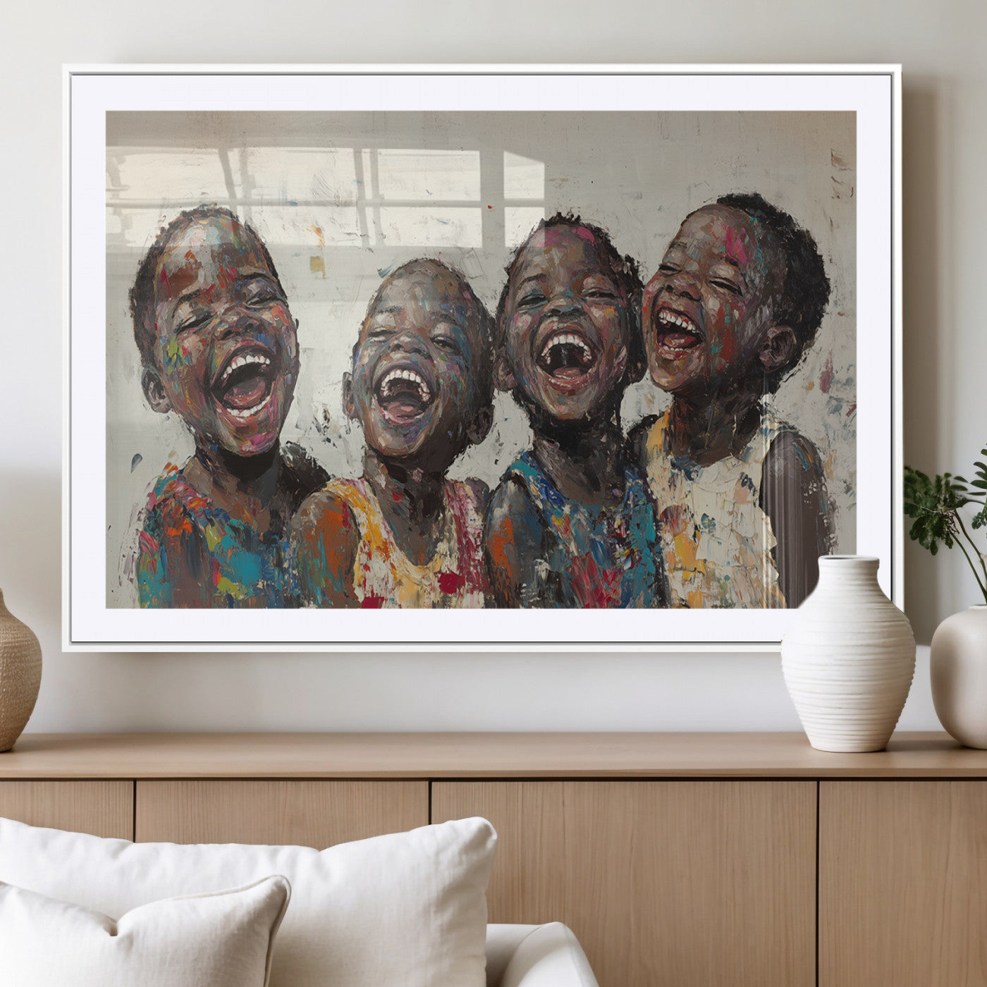 85256-MGV-CV-36X24-Shai Yossef Print - Joyful Childhood Canvas Wall Art - Expressive Impasto Painting of Laughing