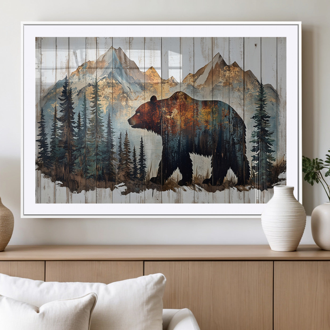 55777-MGV-CV-36X24-Rustic Grizzly 399 Bear and Mountain Wood Canvas Wall Art - Framed Nature Artwork with Forest