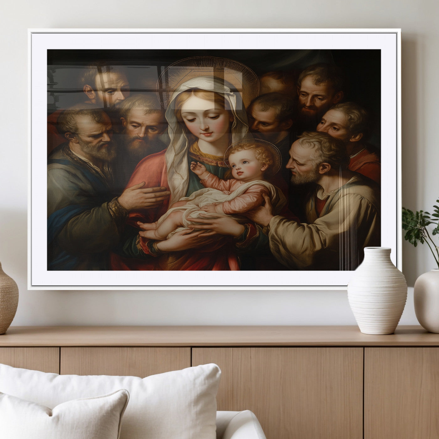 MGC-FP-36x24 - Religious Canvas Wall Art Print - Madonna and Child with Apostles Art Print - Classic Christian