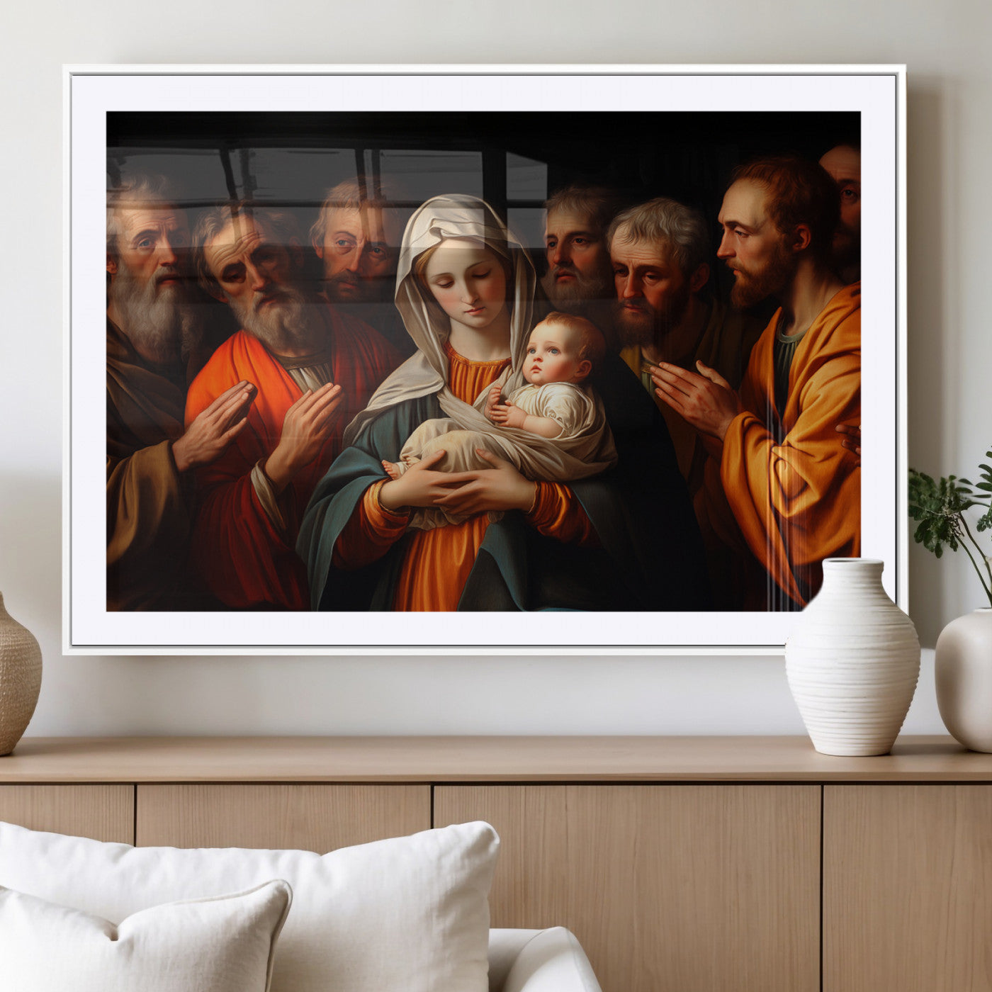 MGC-FP-36x24 - Religious Canvas Wall Art Print - Madonna and Child with Apostles Art Print - Classic Christian