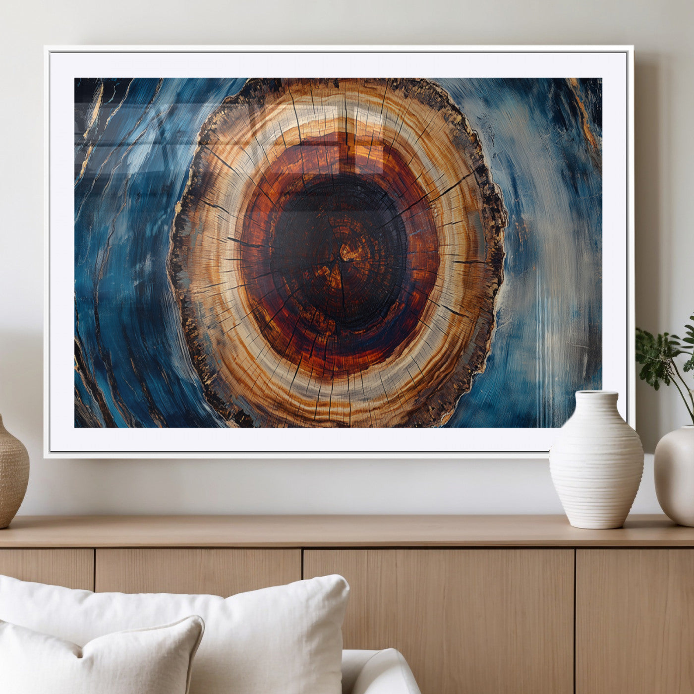 MGC-FP-36x24 - Framed Abstract Tree Ring Wall Art Print, Natural Rustic Wood Texture Canvas Print, Wood Tree Stump