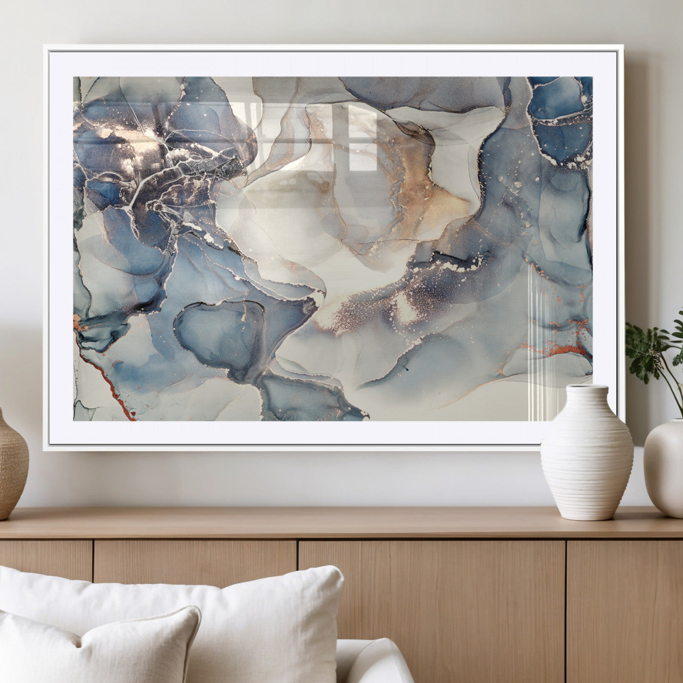 MGC-FP-36x24 - Abstract Blue and Gold Canvas Wall Art - Fluid Modern Ink Artwork - Modern Luxury Wall Decor for