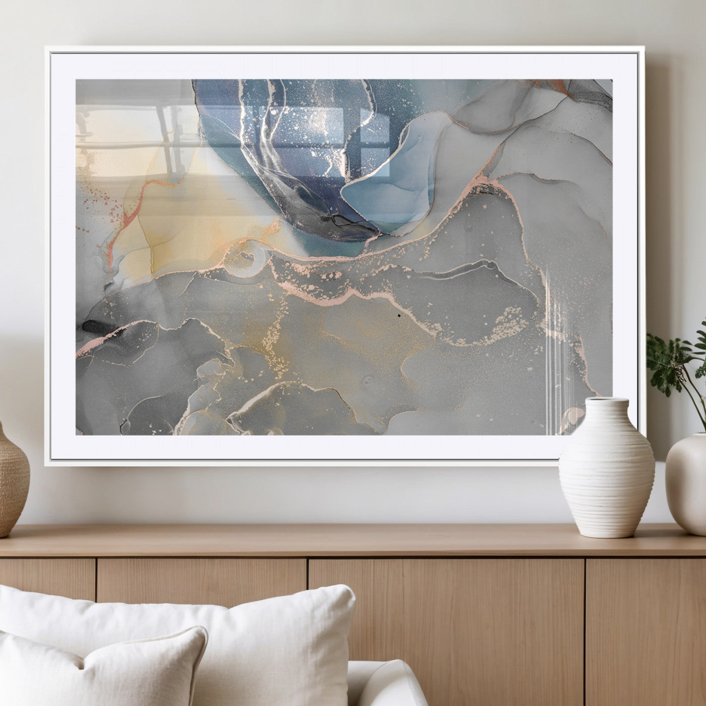 MGC-FP-36x24 - Large Abstract Blue and Gold Canvas Wall Art | Fluid Ink Artwork Print | Luxury Wall Decor for