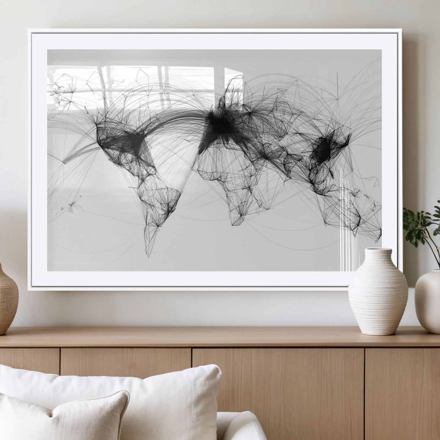 50136-MGV-CV-36X24-Abstract World Map Wall Art – Framed Geometric Line Canvas Artwork, Modern Global Design, Contemporary Decor for Home, Office
