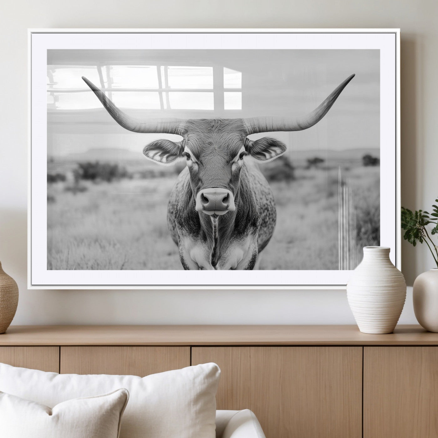 MGC-FP-36x24 - Highland Cow Wall Art Print - Black and White Texas Western Longhorn Canvas - Farmhouse Decor Print