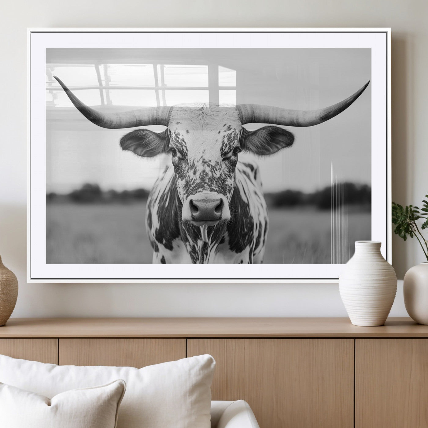 MGC-FP-36x24 - Highland Cow Wall Art - Black and White Western Longhorn Canvas Print - Farmhouse Living Room Decor
