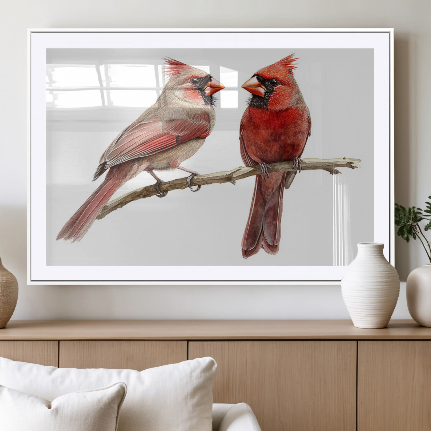 MGC-FP-36x24 - Cardinal Bird Canvas Wall Art - Male and Female Cardinal Print - Abstract Bird Wall Decor for Home -