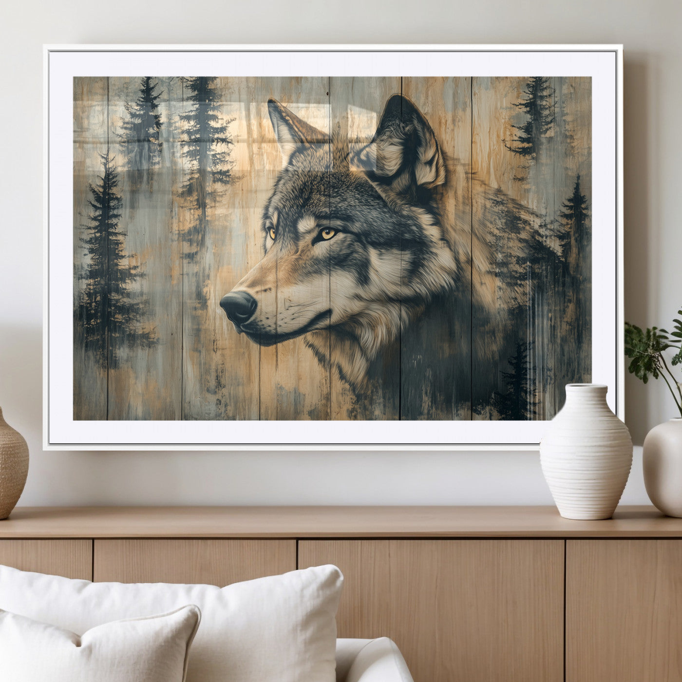 MGC-FP-36x24 - Wood Style Rustic Wolf Wall Art Canvas Print, Vintage Woodland Wolf Wall Art, Framed Wood Style Wolf