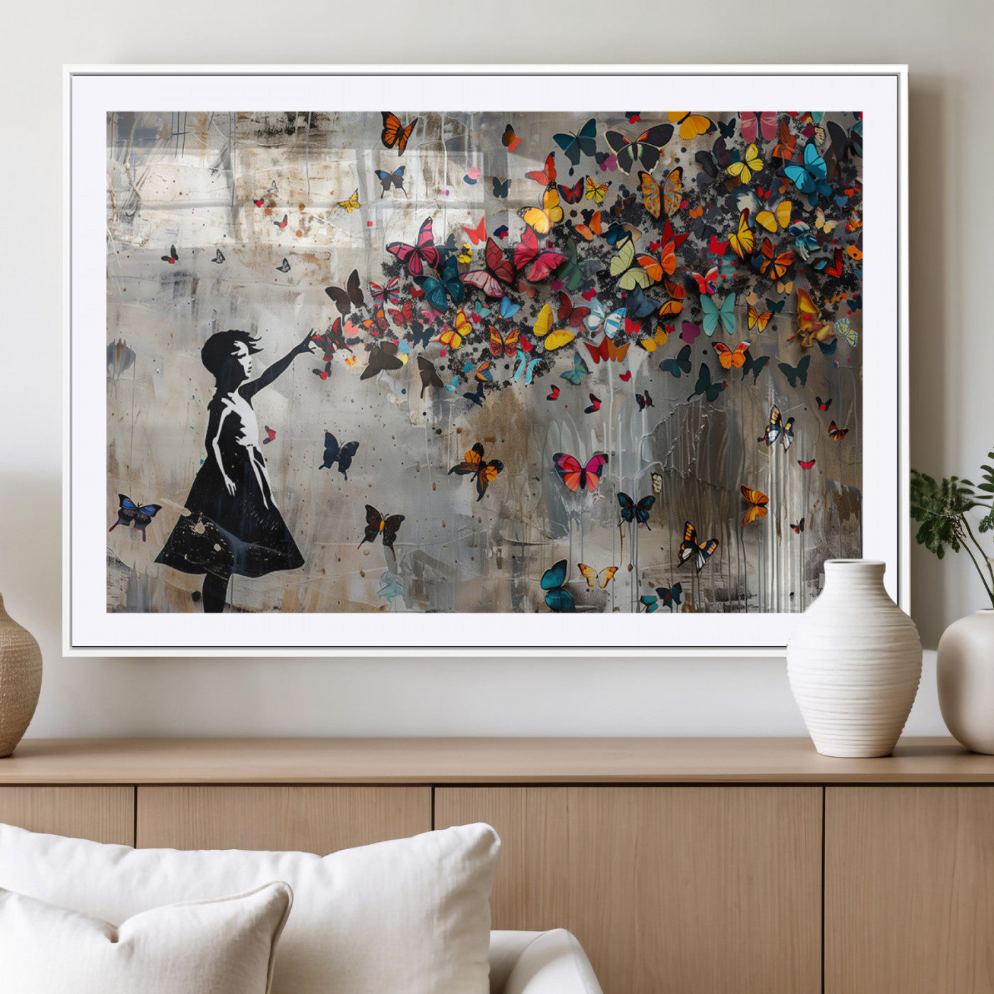 MGC-FP-36x24 - Framed Banksy Butterfly Girl Wall Art ,3-Piece Butterfly Girl Canvas, Modern Graffiti Canvas Print