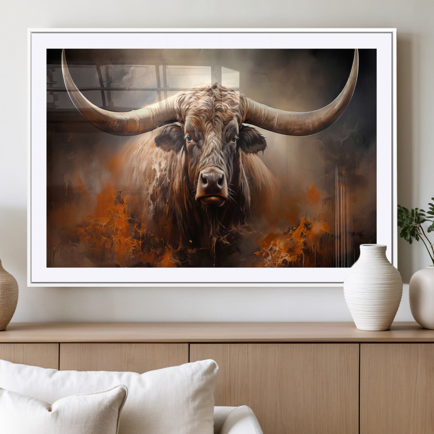 MGC-FP-36x24 - Highland Bull Canvas Abstract Canvas Wall Art Print – Powerful Highland Bull with Striking Horns in
