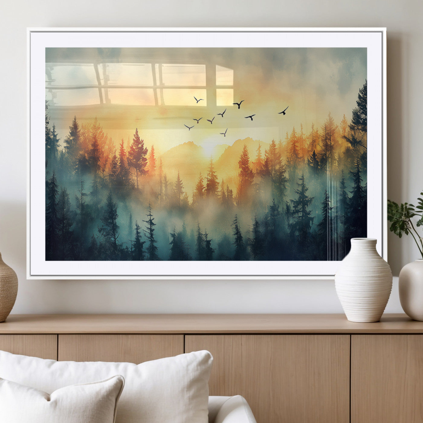MGC-FP-36x24 - Abstract Forest Wall Art Print- Serene Nature Canvas Print with Misty Forest Design for Modern Home