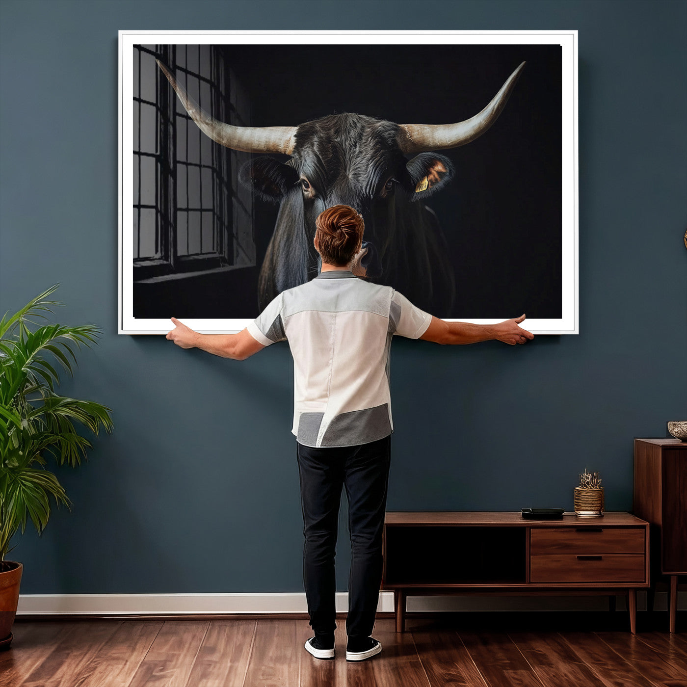 48065167-MGV-CV-36X24 - Texas Longhorn Bull Wall Art Canvas Print – Western Black Bull Art Print for Farmhouse Ranch Decor