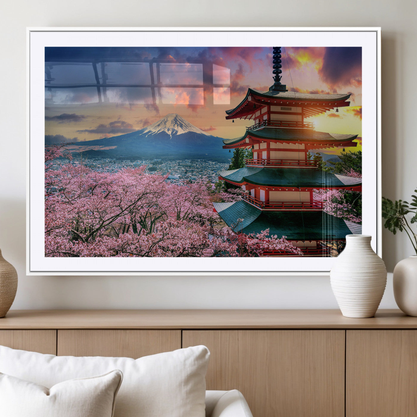 MGC-FP-36x24 - Mount Fuji & Cherry Blossom Wall Art Canvas Print – Iconic Japanese Landscape, Sakura Pagoda Sunset,