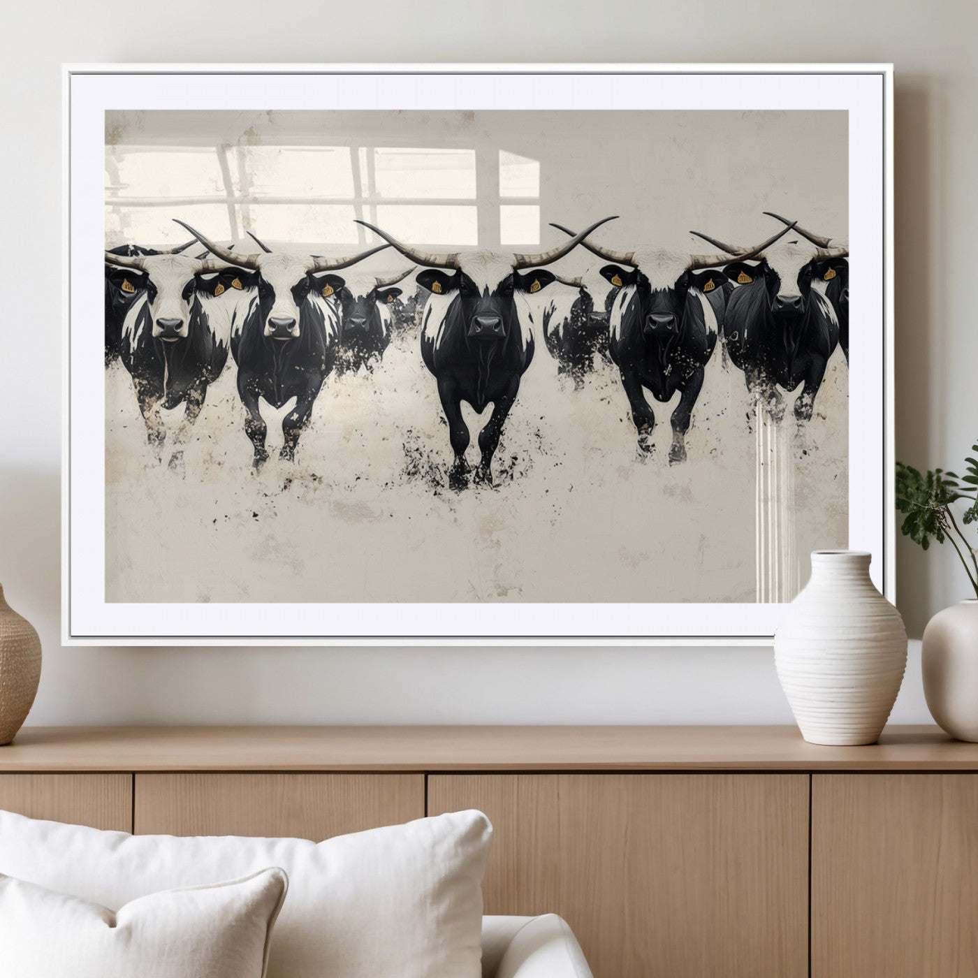 MGC-FP-36x24 - Longhorn Cattle Wall Art – Canvas Print of Herd in Motion, Symmetry and Ink Splatter, Minimalist Western Ranch, Bold Rustic Farm Decor