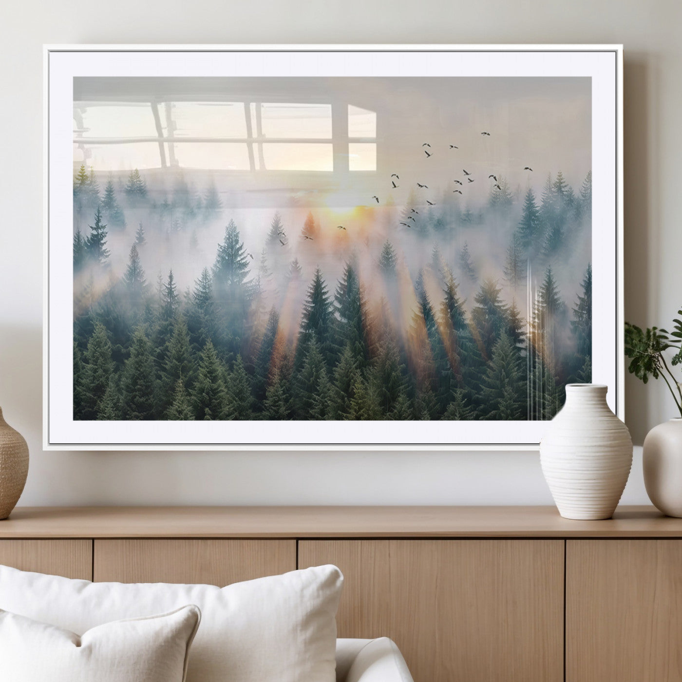 MGC-FP-36x24 - Misty Pine Forest Wall Art Canvas, Sunrise Over Foggy Trees Canvas for Home - Office, Framed