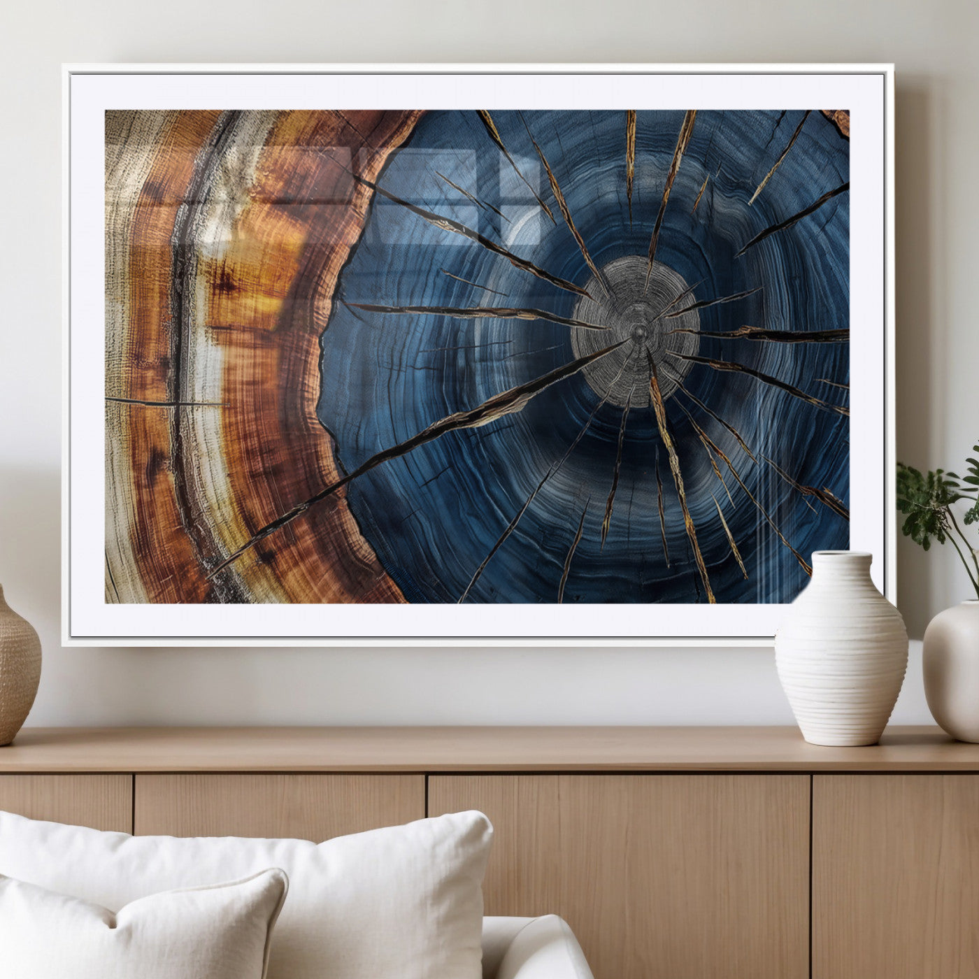 MGC-FP-36x24 - Framed Abstract Tree Ring Wall Art Print, Natural Rustic Wood Texture Canvas Print, Wood Tree Stump