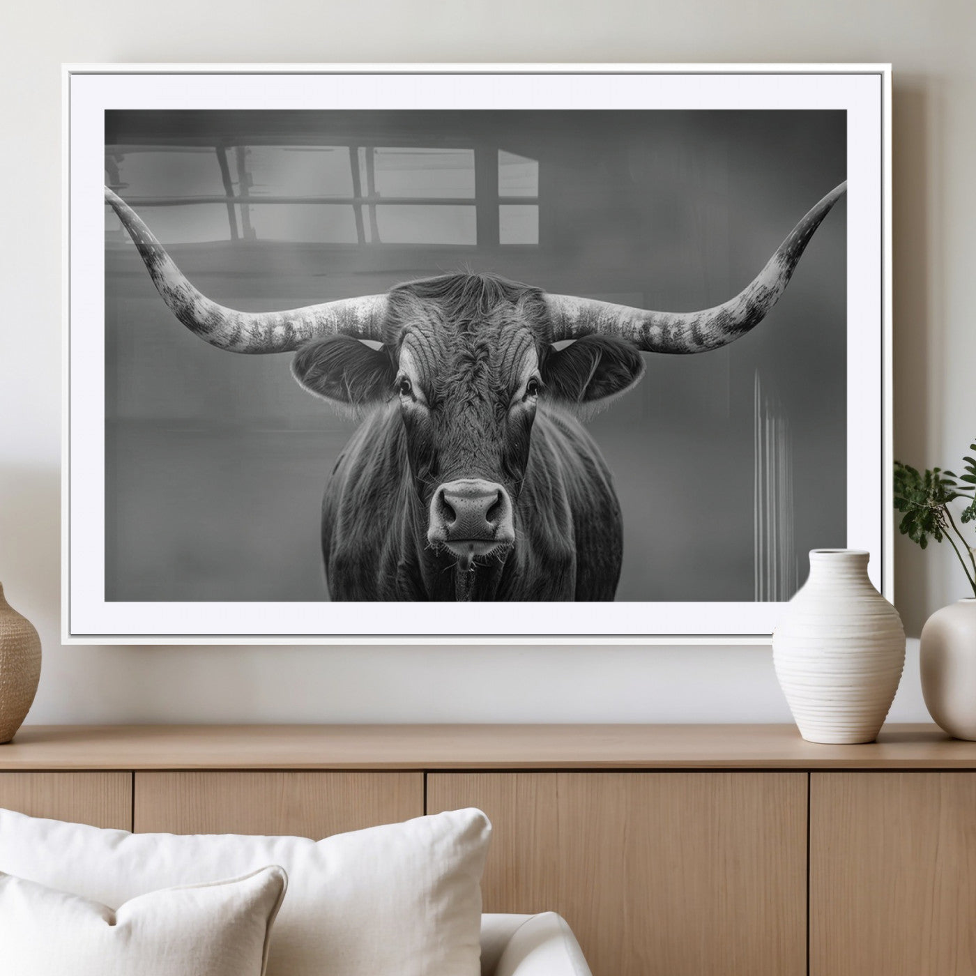 MGC-FP-36x24 - Framed Texas Longhorn Bull Art Canvas Print, Western Bull Wall Art Print, Long Horn Bull Photo Print