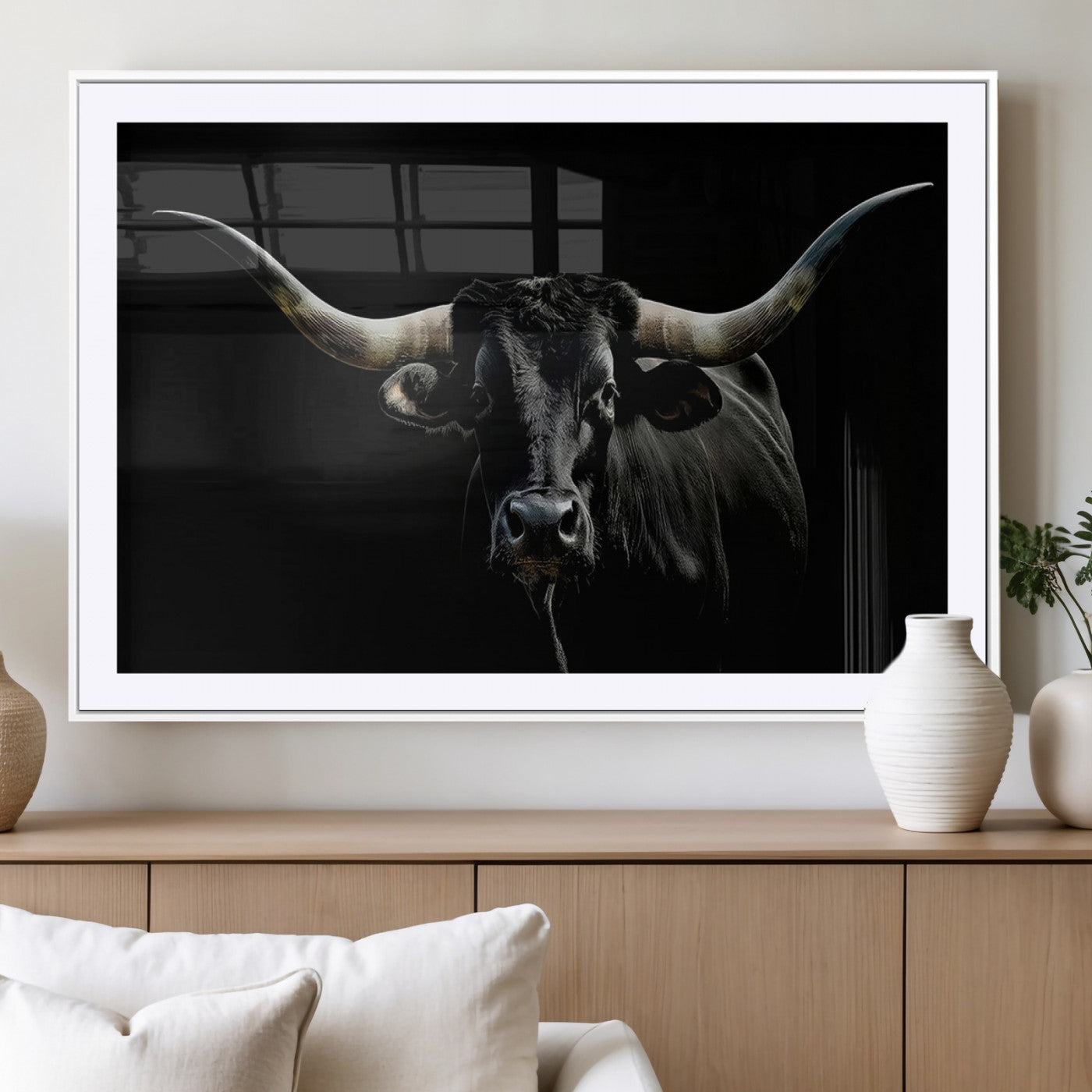 MGC-FP-36x24 - Texas Black Bull Wall Art Print, Longhorn Bull Canvas Wall Art