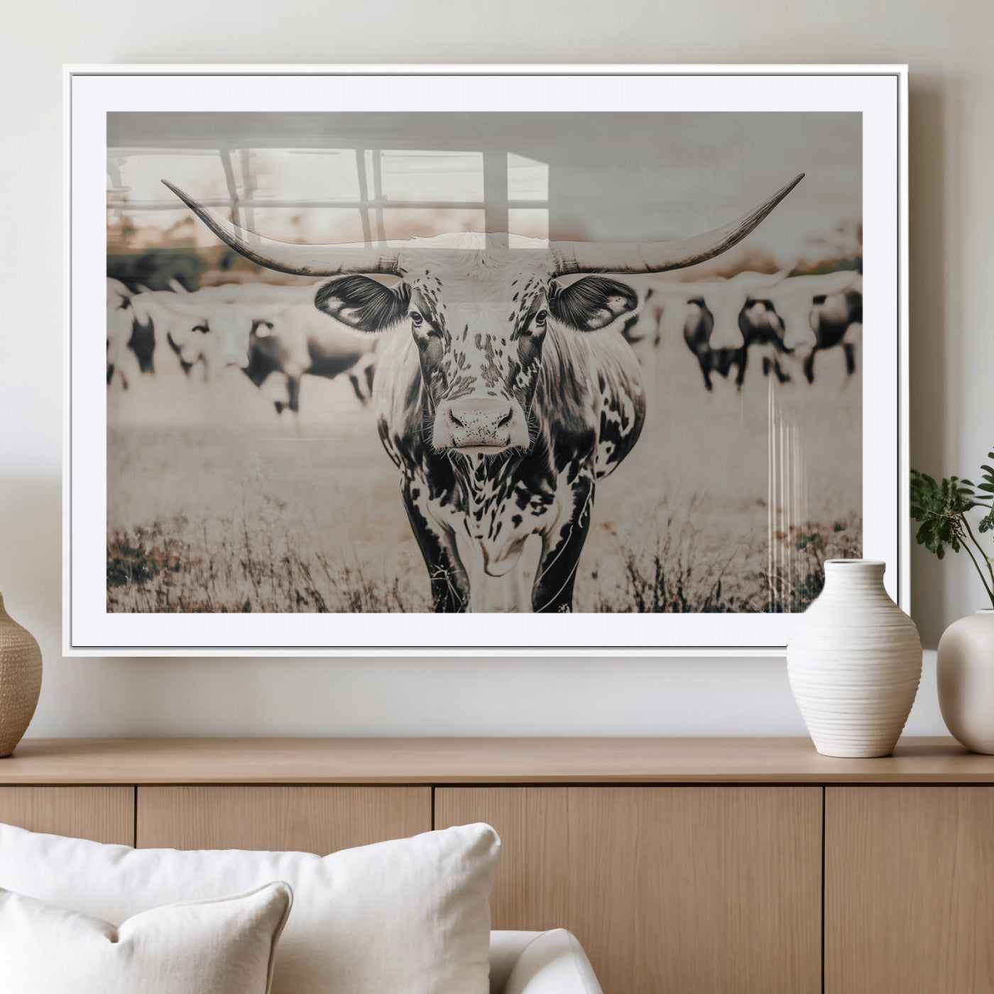 MGC-FP-36x24 - Texas Longhorn Wall Art Canvas Print, Framed Speckled Cow Art Picture Print, Horned Cattle Perfect Rustic Western Decor Artwork