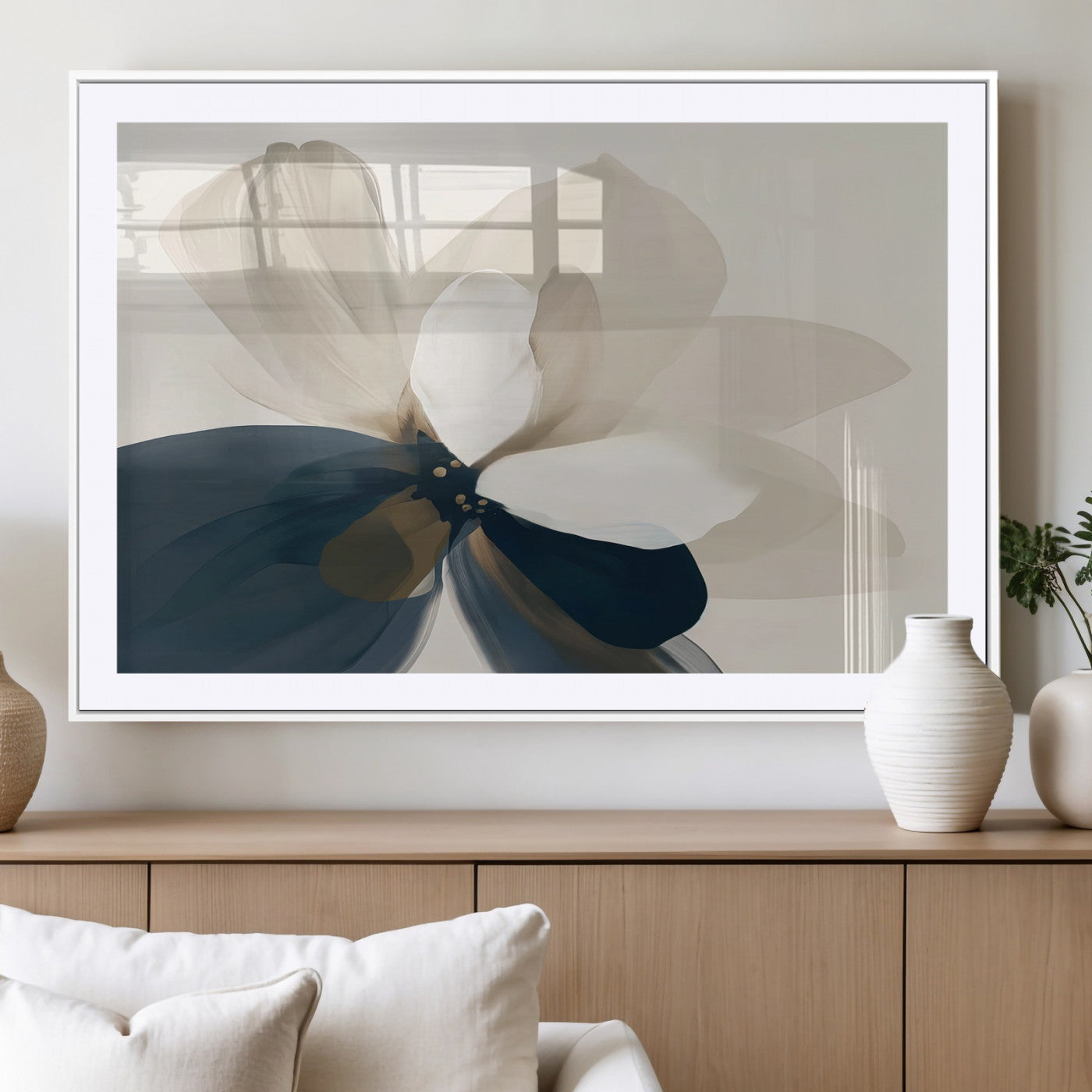MGC-FP-36x24 - Minimal Flower Wall Art Canvas Print, Framed Flower Drawing Art Picture Print, Beige Bloom Perfect Modern Botanical Decor Artwork