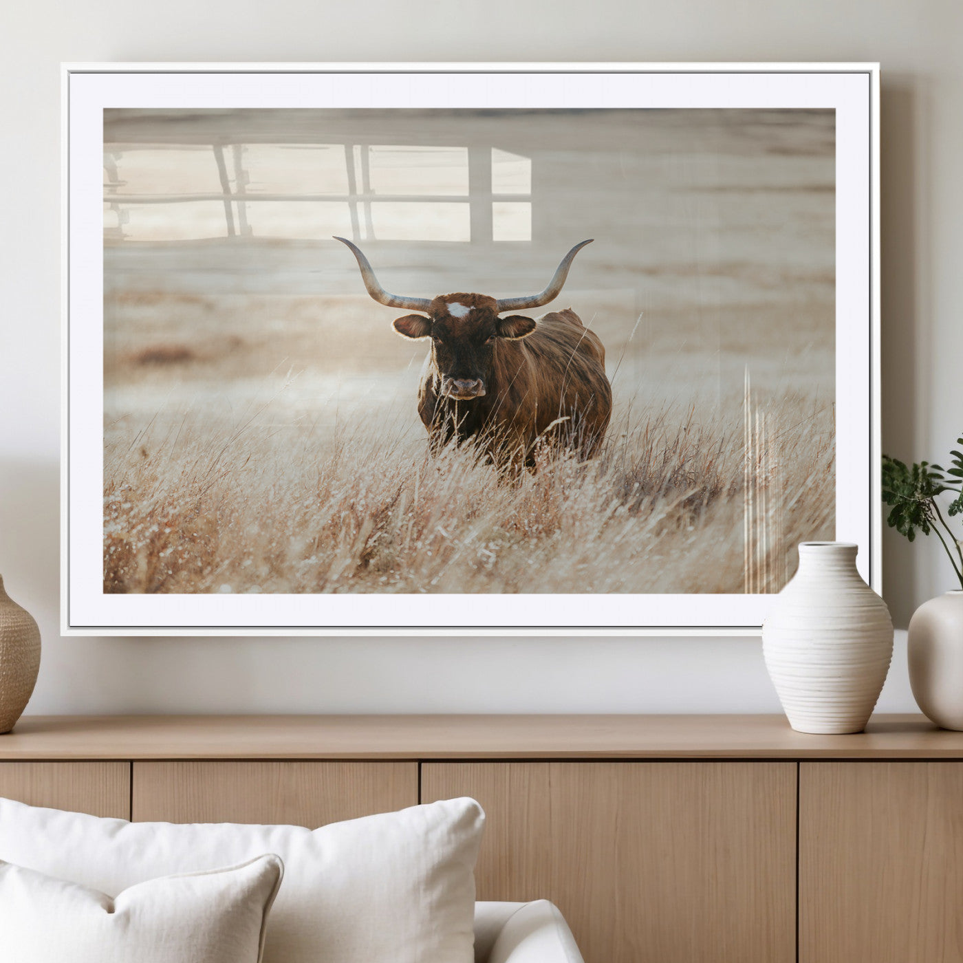 MGC-FP-36x24 - Texas Longhorn Wall Art Canvas Print, Framed Brown Cattle Art Picture Print, Horned Bull Perfect Rustic Western Decor Artwork