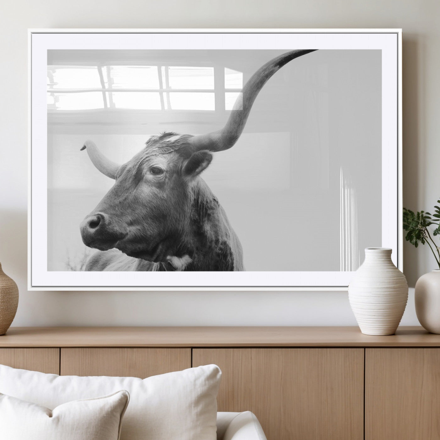 MGC-FP-36x24 - Longhorn Wall Art Wall Art Canvas Print, Framed Modern Ranch Style Art Art Picture Print, Monochrome Cow Print Perfect Rustic Western Decor Artwork