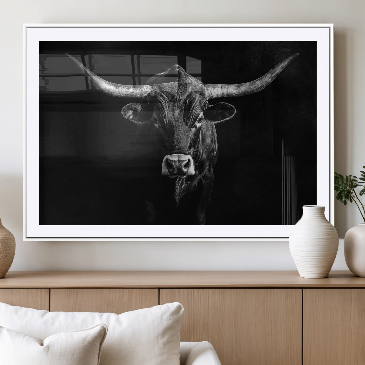 MGC-FP-36x24 - Texas Longhorn Wall Art Canvas Print, Framed Monochrome Bull Art Picture Print, Horned Bull Perfect Rustic Western Decor Artwork