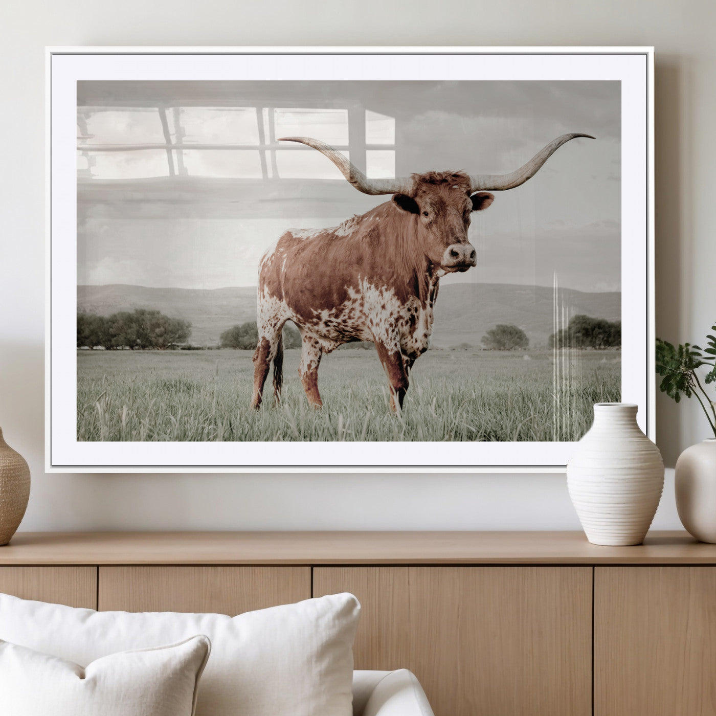 28309012-MGV-CV-36X24- Texas Longhorn Wall Art Canvas Print, Framed Spotted Cattle Art Picture Print, Horned Bull Perfect Rustic Western Decor Artwork