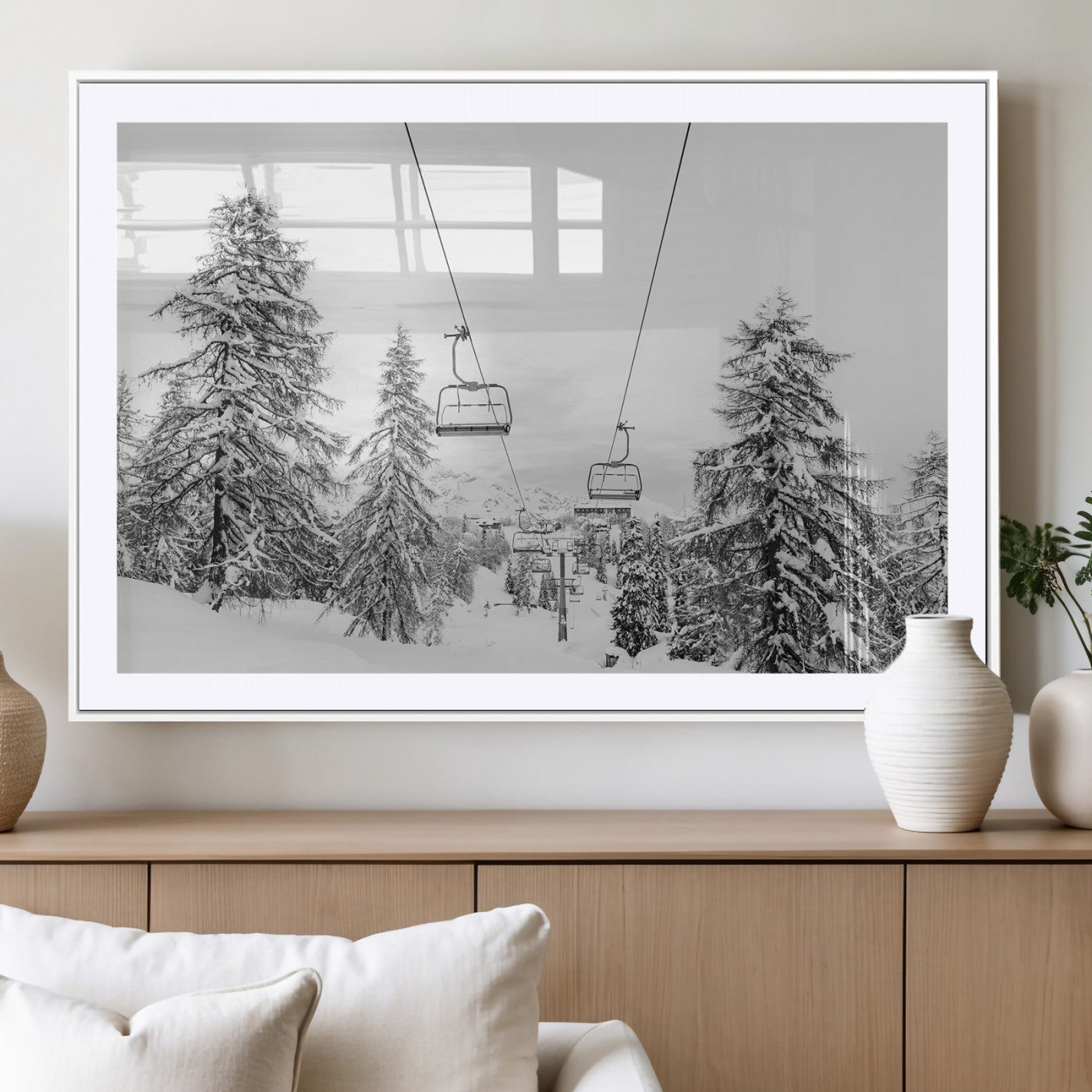 55003599-MGV-CV-36X24 - Snowy Ski Lift Wall Art – Framed Winter Forest Canvas Artwork, Peaceful Mountain Design, Modern Nature Decor for Home, Office